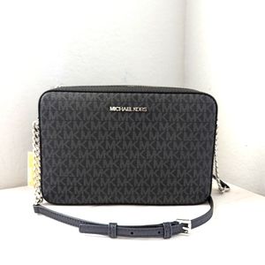 Michael Kors Jet Set East West Large Crossbody Black MK Signature Top Zip Bag